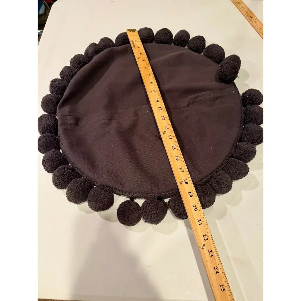 Crate and Barrel Pico Round Pom Pom Pillow‎ grey Hand Knit Cotton 18